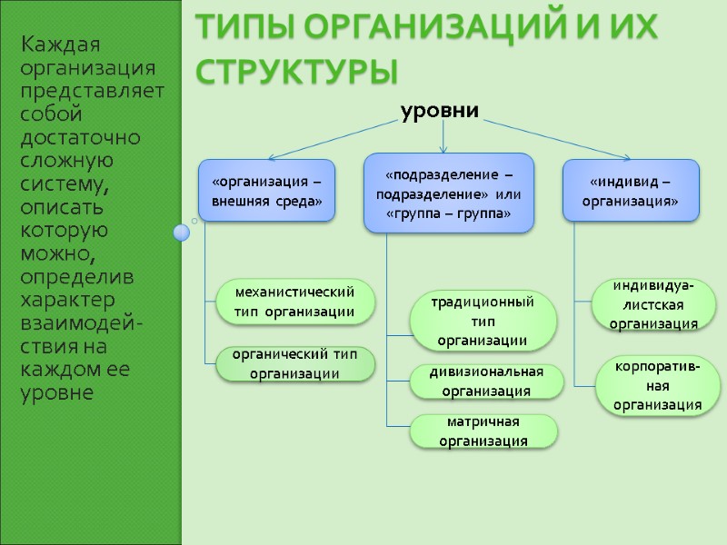 Типы организаций и их структуры  Каждая организация представляет собой достаточно сложную систему, описать